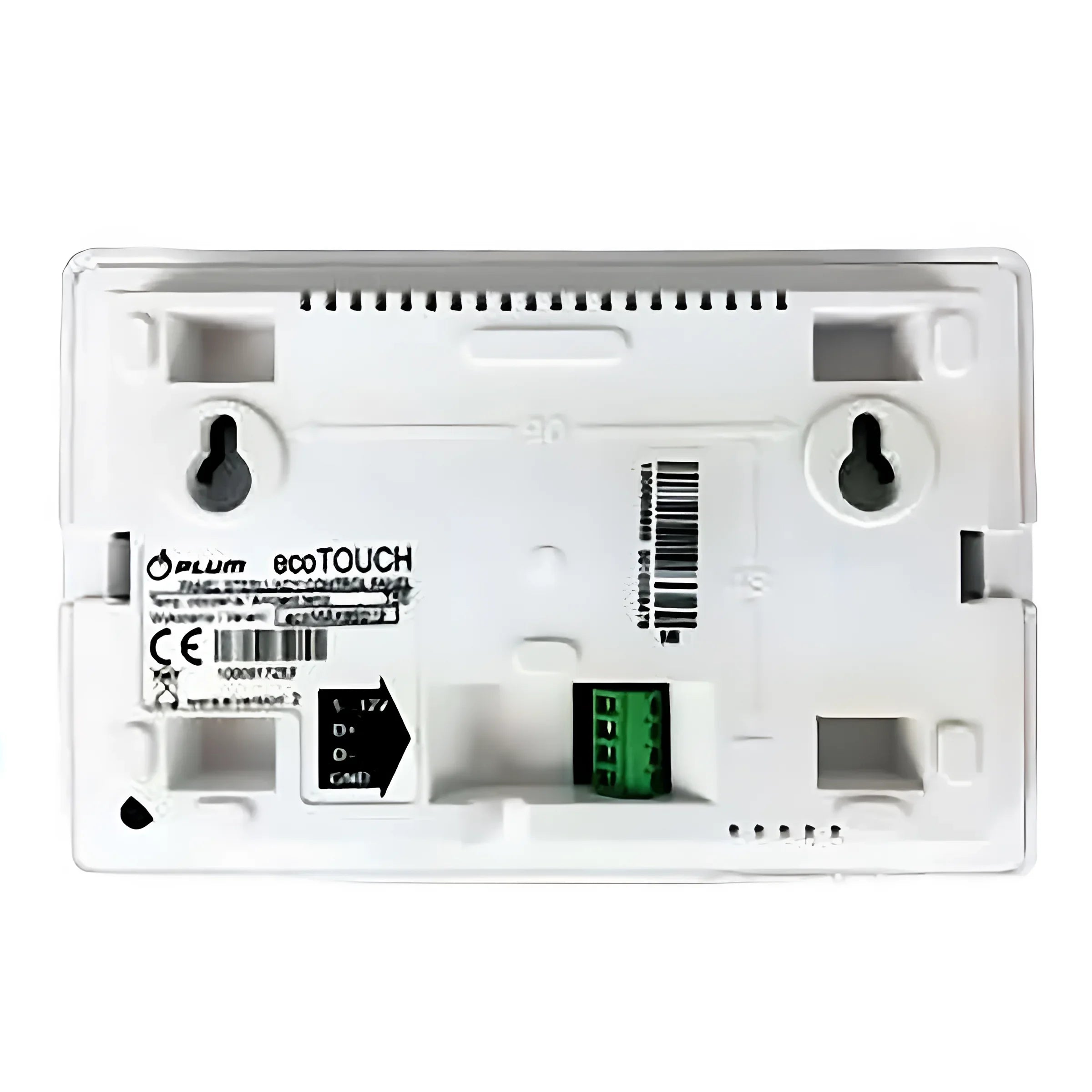 Weiße wandmontierte Steuerung mit grünem Klemmenblock für PLUM ecotouch Raumthermostat Erweiterung GC920