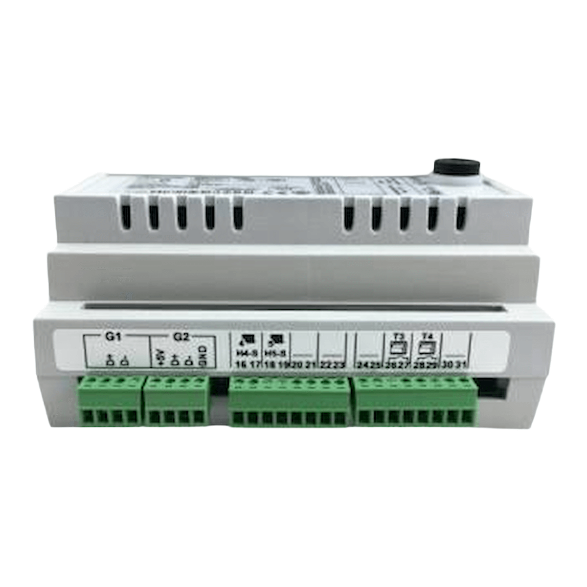 Graue Erweiterungsmodul B für Gema Control mit grünen Anschlussklemmen, kompatibel mit Plum Ecomax 850i und CT4-Fühler für Integration zusätzlicher Komponenten