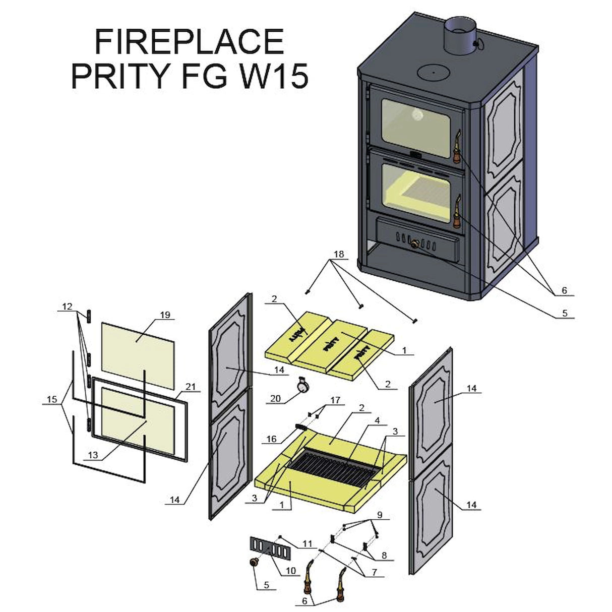 Fogão a lenha com reservatório de água e compartimento para assar Prity FGW15 - 19,8 kW