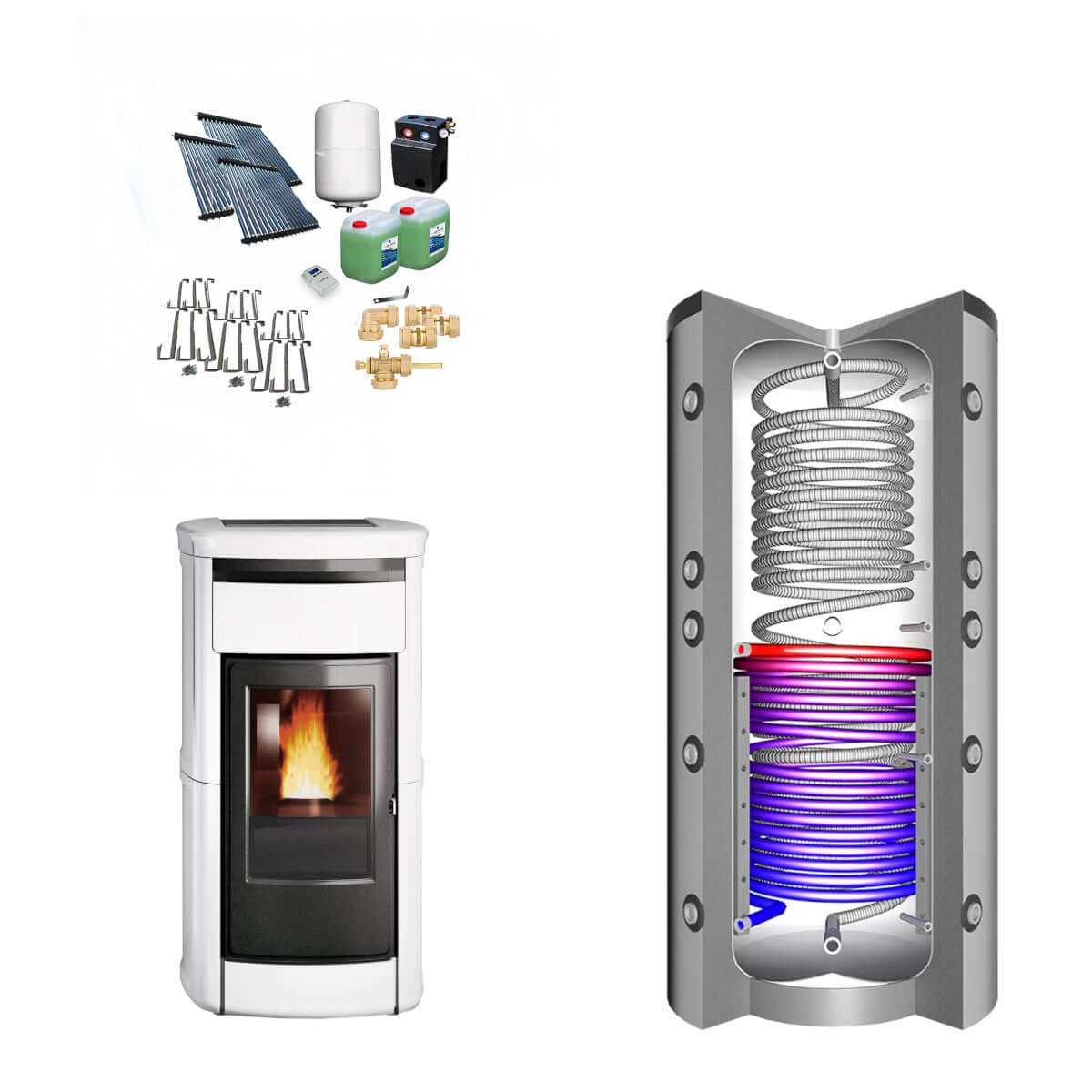Kamin Set mit 🔥 Kaminofen, Solar- und Heiztechnologie für effiziente 🔄 Wärme und gemütliches Zuhause 🏡.