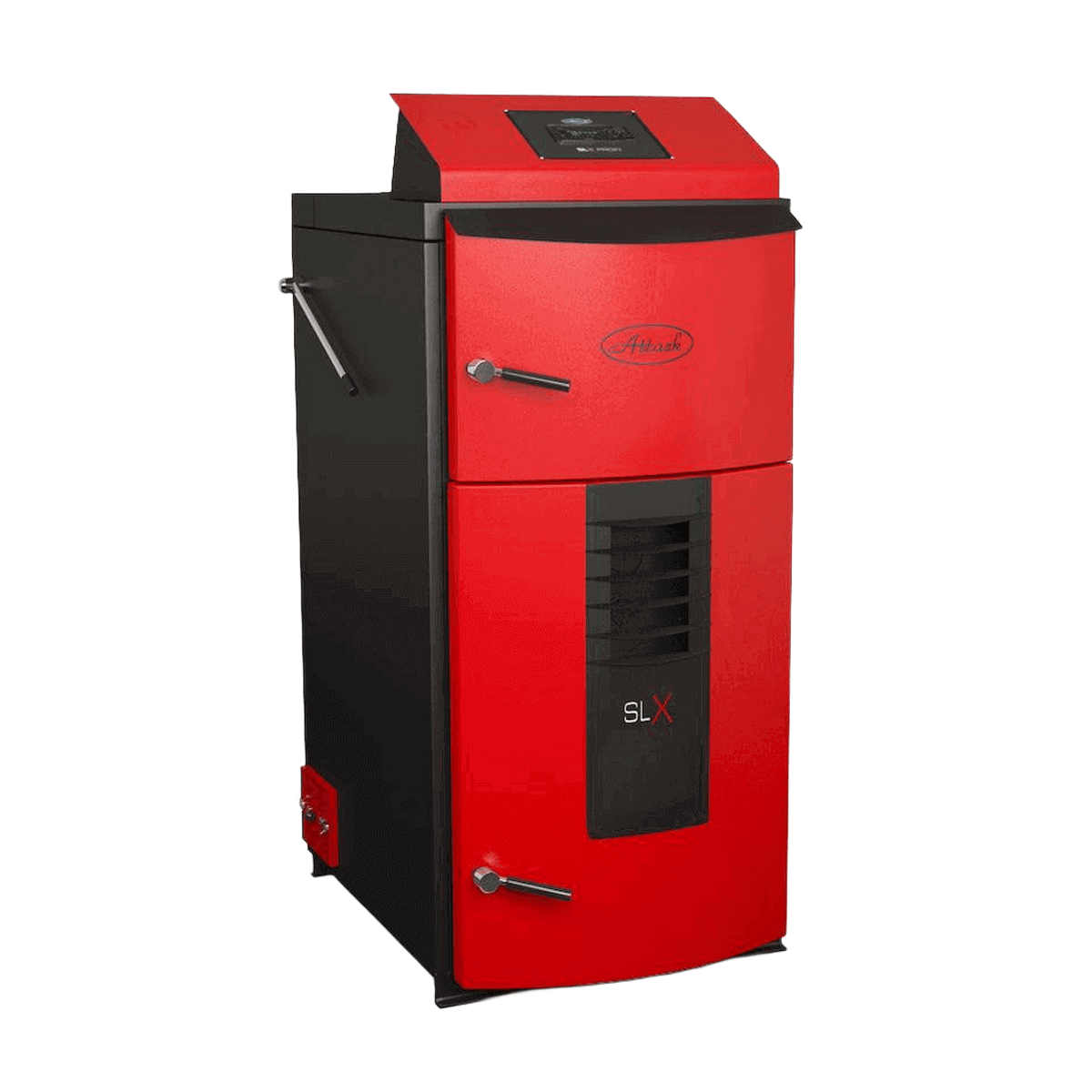Holzvergaser 🔥 in rotem und schwarzem Design, Modell SLX - effizienter Heizofen für umweltfreundliche Wärme.