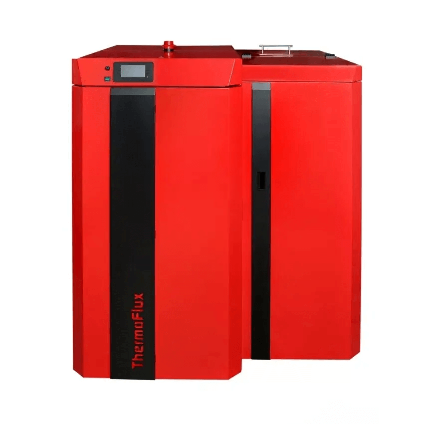 Kombikessel 🔥 in leuchtendem 🔴 Design, ideal für effiziente Heizlösungen 💡 von ThermoFlux.