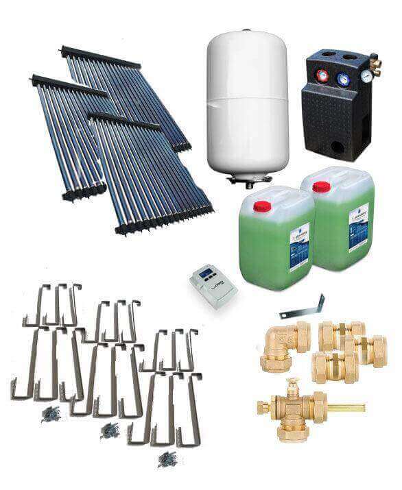 Solarpaket ☀️ mit Röhrenkollektor, Wasserbehälter, Ventilen und Montagezubehör. Ideal für nachhaltige Energie. 🌿🔧