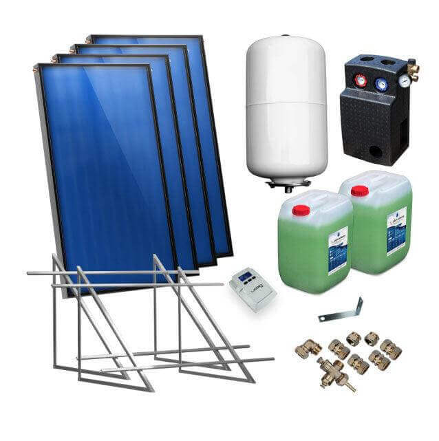 📦 Solarpaket mit 🌞 Flachkollektoren, Pumpe, Tanks und Zubehör für nachhaltige 🌱 Energiegewinnung.