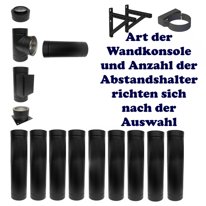 Schornsteinzubehör: schwarze Teile für doppelwandigen Schornstein, mit Wandkonsolen und Abstandshaltern 🚪🛠️