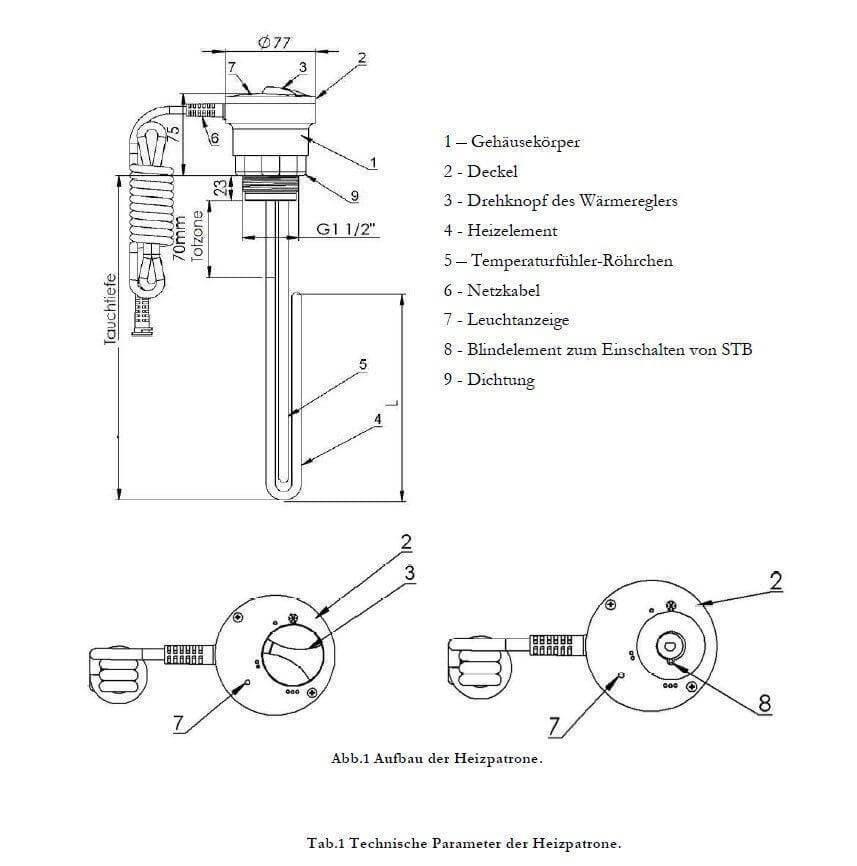 Elektroheizstab-Heizpatrone 6 kW mit  AG 1 ½“ 400V.