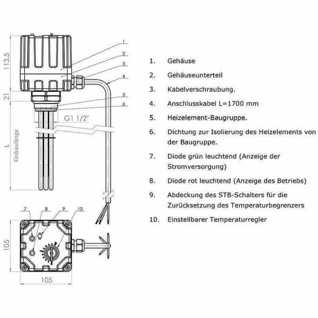 Elektroheizstab mit Regler und Thermostat 9,0 kW.