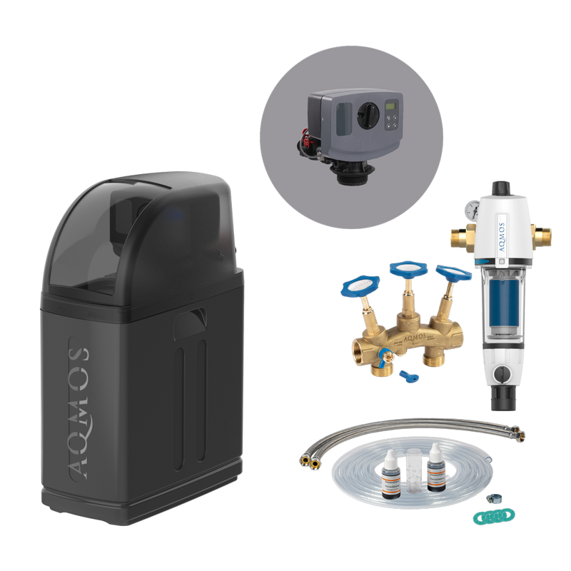 Aqmos R2D2-32 BLACK EDITION Sistema de descalcificação de água com filtro de retrolavagem, kit de ligação e bloco de montagem