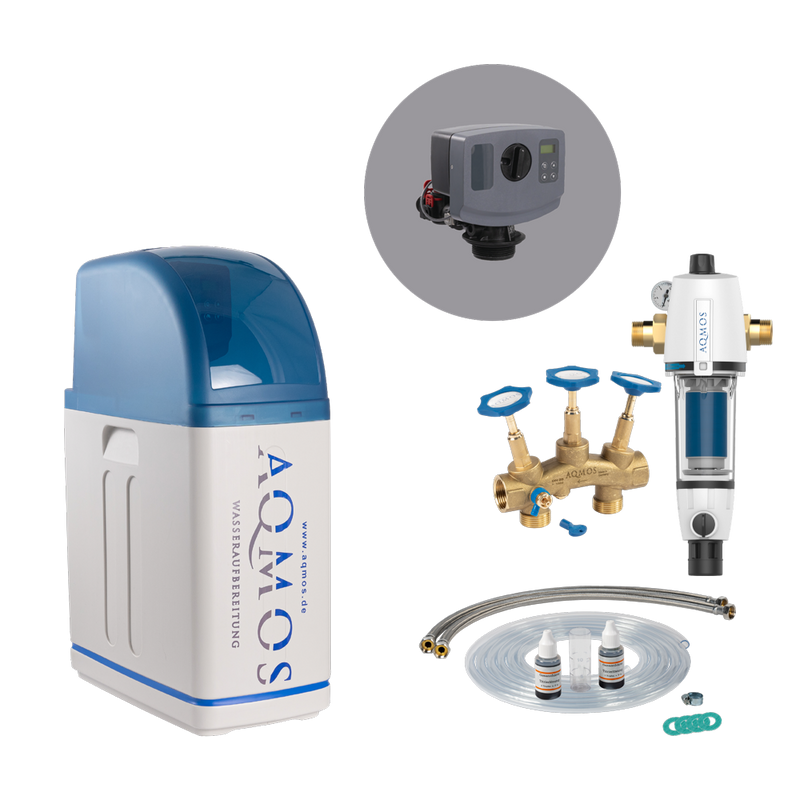 Conjunto de sistema de descalcificação de água AQMOS R2D2-32 com filtro de retrolavagem, kit de ligação e bloco de montagem