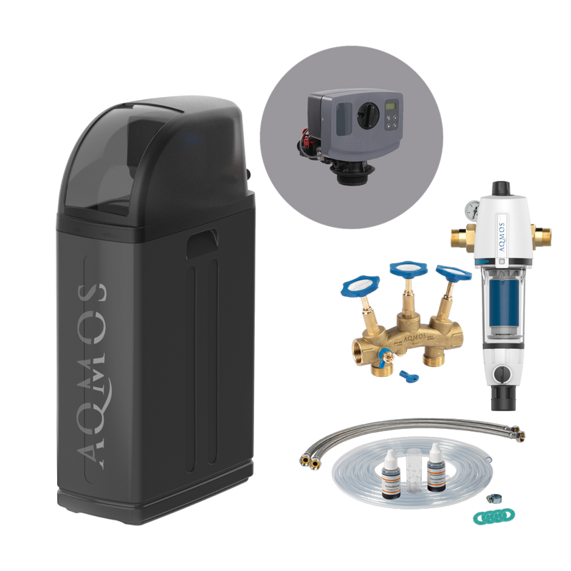 Sistema de descalcificação de água AQMOS R2D2-48 Black Edition com filtro de retrolavagem, kit de ligação e bloco de montagem