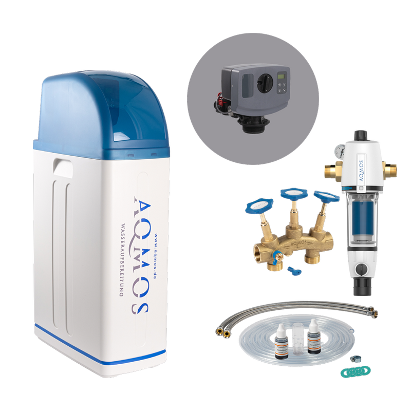 Sistema de descalcificação de água AQMOS R2D2-48 Conjunto com filtro de retrolavagem, kit de ligação e bloco de montagem