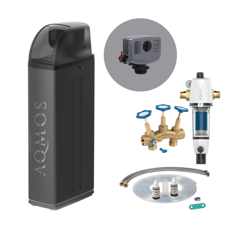 Sistema de descalcificação de água AQMOS R2D2-72 Black Edition com filtro de retrolavagem, kit de ligação e bloco de montagem