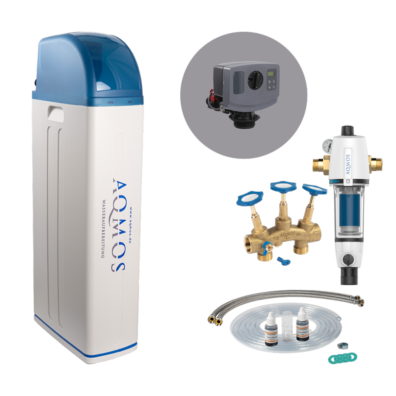 Sistema de descalcificação de água Aqmos R2D2-72 Conjunto com filtro de retrolavagem, kit de ligação e bloco de montagem