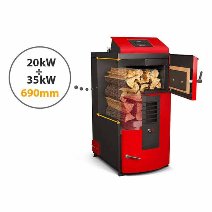 Attack SLX Kombikessel mit Holzlager und Specs: 20kW 🔥, 35kW 🌟, 690mm 📏 - effizient für Ihre Heizbedürfnisse.