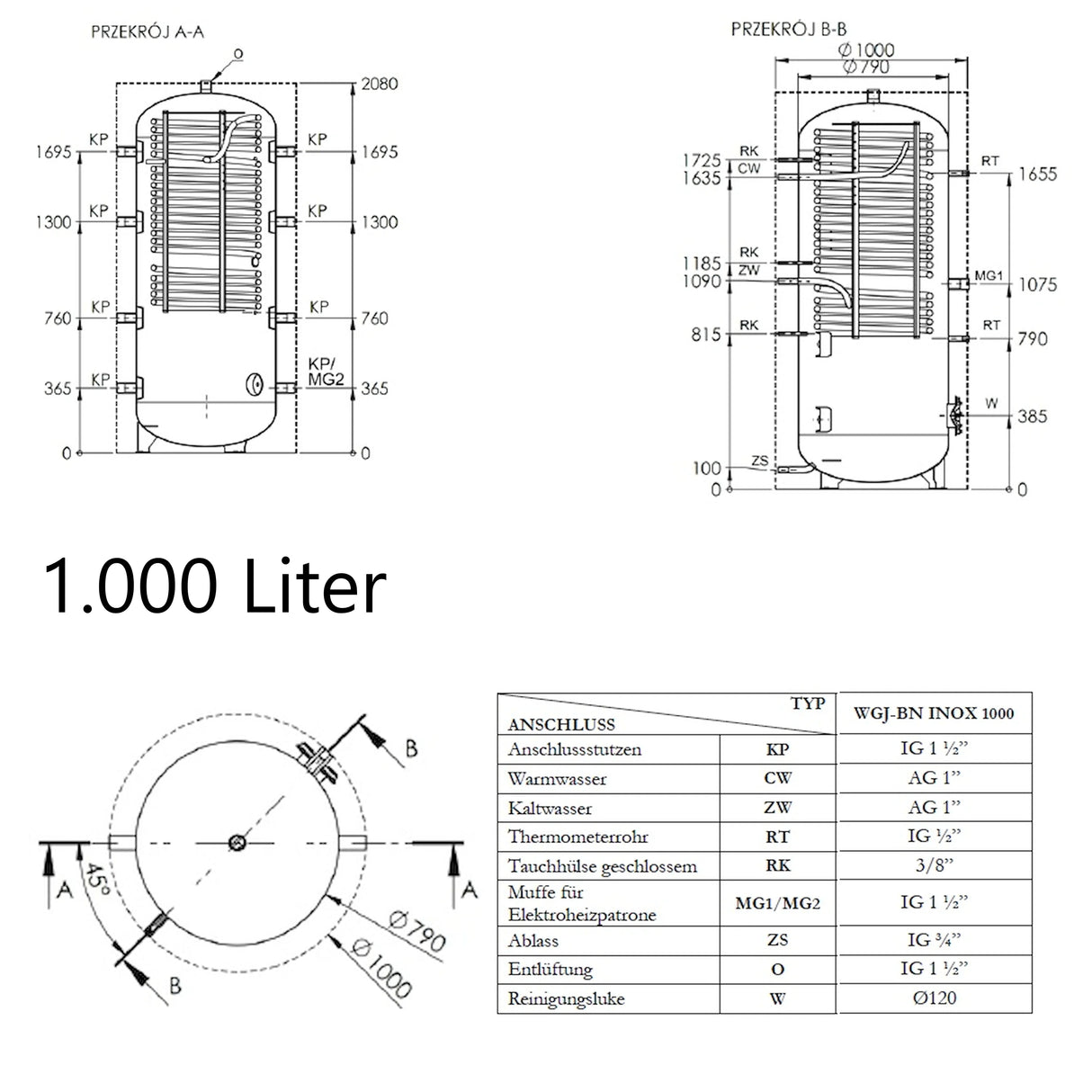 Hygienespeicher ohne Solarregister mit A Isolierung.