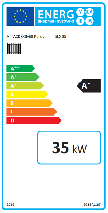 Energieeffizienzlabel für den Attack SLX Kombikessel 35 kW, zeigt A+ bis D Bewertung und 35 kW Leistung 🔥🌿