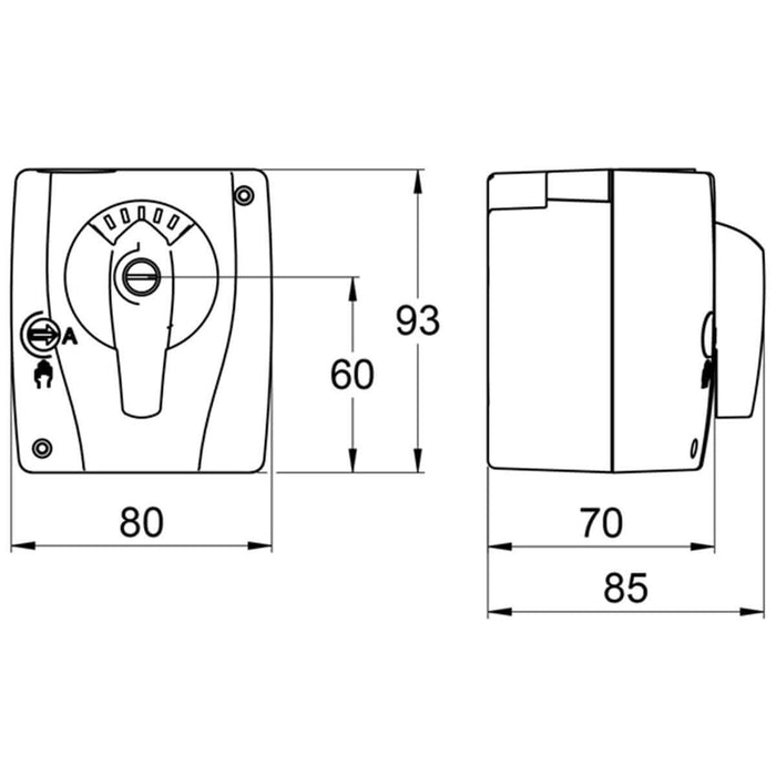 LK 950 Stellmotor 230V Mischerantrieb: Technische Zeichnung mit Abmessungen 📏 und Design-Details.