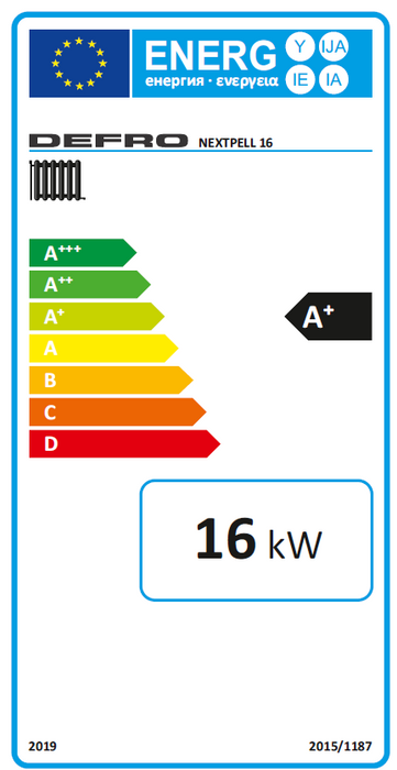 Energieeffizienzlabel für Pelletkessel NEXTPELL+ 16 kW mit A+ Bewertung und farbiger Effizienzskala 🔋🌱