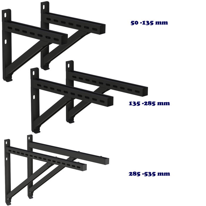 Vielseitige Wandhalterungen in Schwarz: Größen 50-135mm, 135-285mm, 285-535mm für maximale Anpassungsfähigkeit.