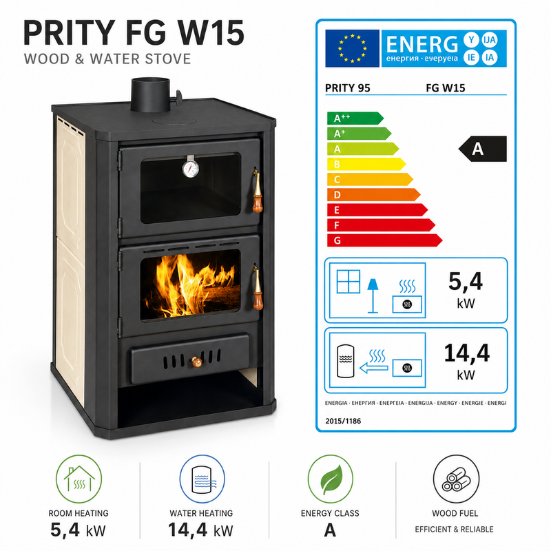 Ūdenssildīšanas kamīns ar cepeškrāsni Prity pelēks - 19,8 kW