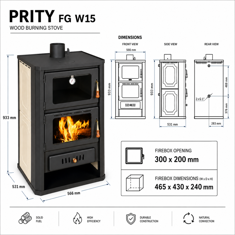 Ūdenssildīšanas kamīns ar cepeškrāsni Prity pelēks - 19,8 kW