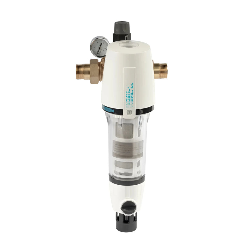 Aqmos mājas ūdens filtrs ar pretmazgāšanas filtru - automātika, spiediena regulators un manometrs - GEMA veikals