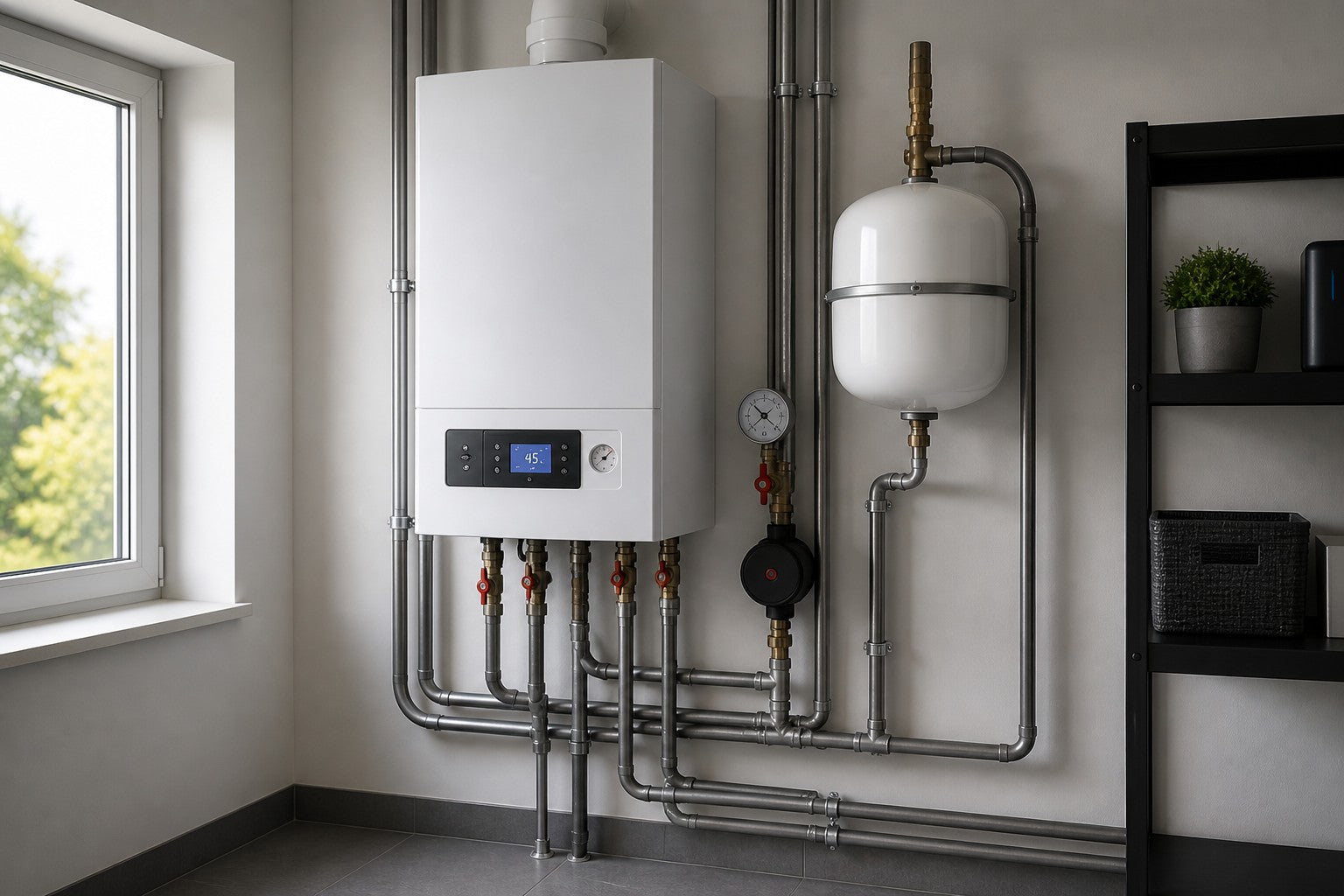 Caldeira elétrica numa moderna sala de caldeiras com instalação de tubos e vaso de expansão