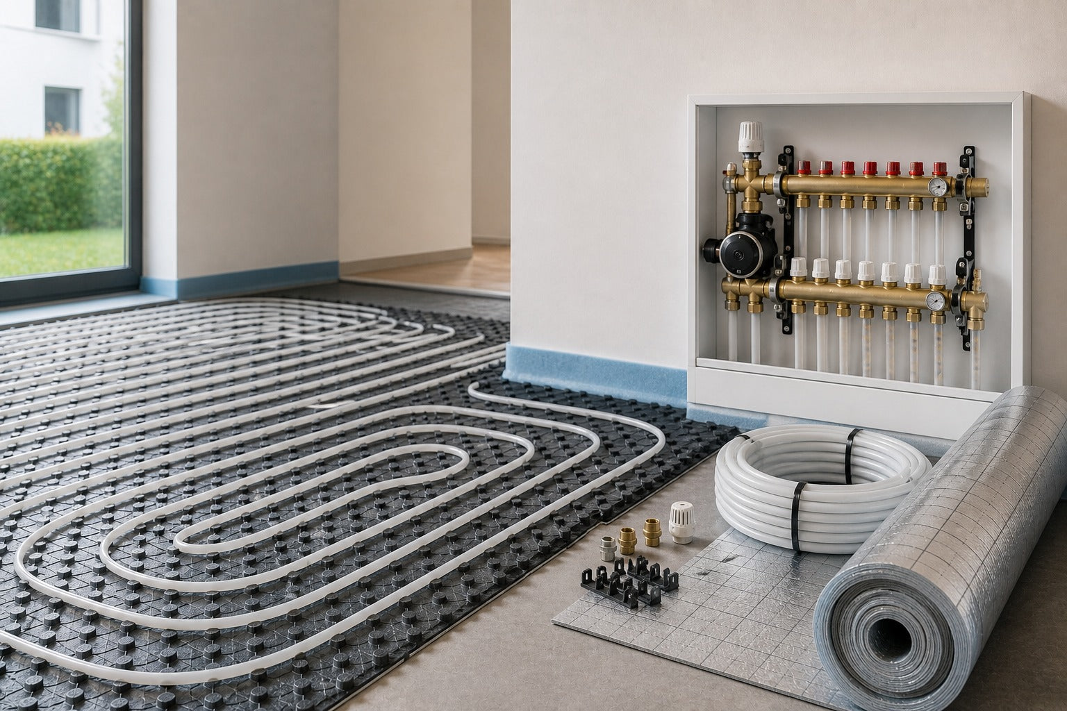 português
Pacote completo de aquecimento de piso com tubos de aquecimento, armário de distribuição e acessórios do sistema para construção bruta