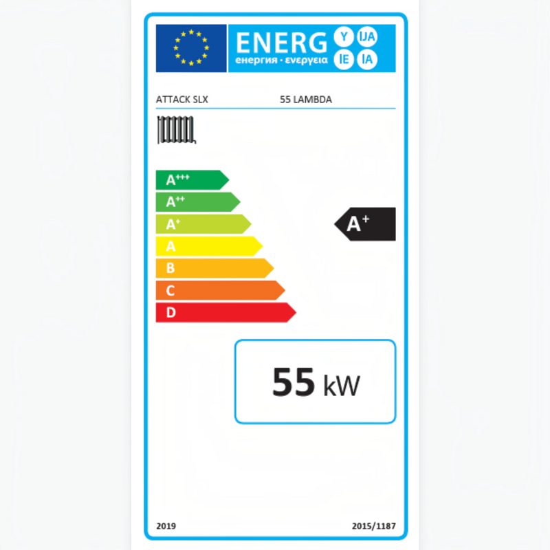 Etiqueta de eficiência energética A+ da GEMA Shop para a caldeira de gaseificação de madeira ATTACK SLX 55 LAMBDA com 55 kW de potência