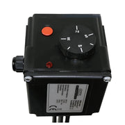 GEMA Shop Cartucho de aquecimento elétrico com corpo preto, controlador de temperatura, interruptor de segurança vermelho e luz indicadora.