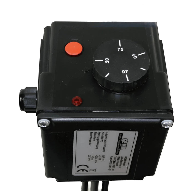 GEMA Shop Cartucho de aquecimento elétrico com corpo preto, controlador de temperatura, interruptor de segurança vermelho e luz indicadora.