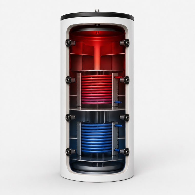 GEMA Shop Amortecedor de Camadas SPSRR 1500 com dois permutadores de calor em modelo de corte para distribuição de temperatura