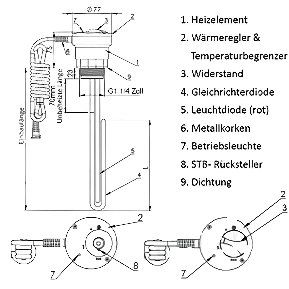 Heizpatrone, Heizstab  230V  1¼" AG   1,5 kW - 230V   PV geeignet.