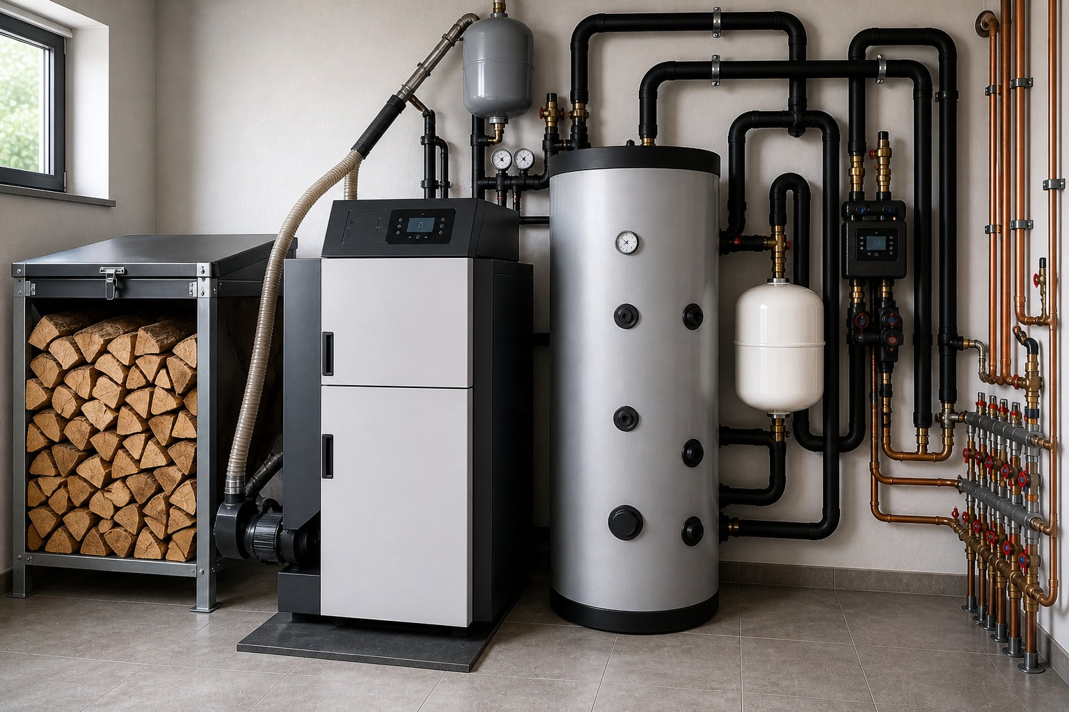 português
Pacote completo de aquecimento a lenha com caldeira, acumulador e tecnologia de sistema numa moderna sala de caldeiras