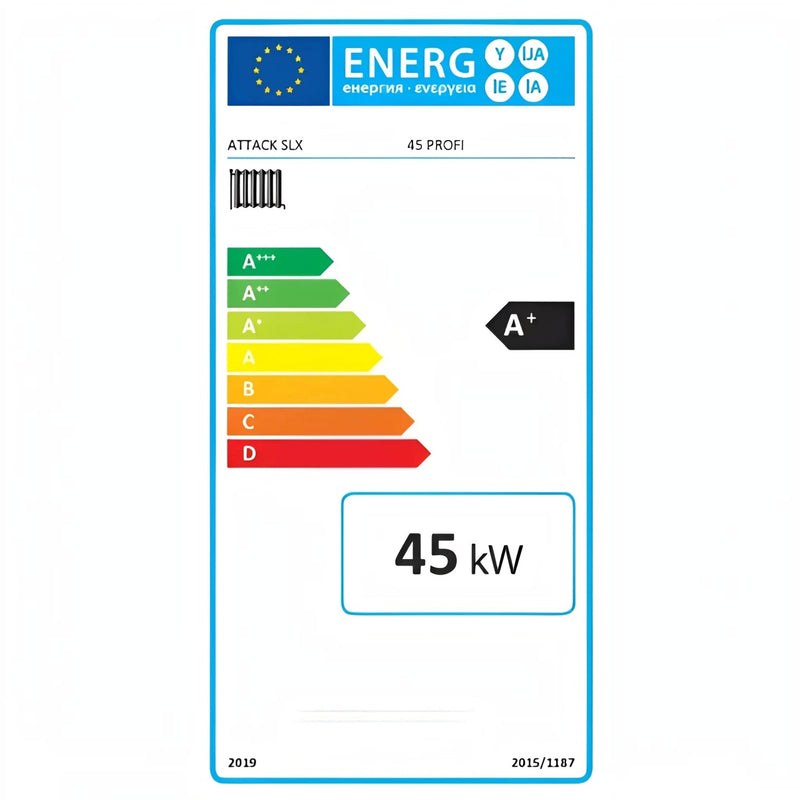 Etiqueta de eficiência energética A+ da caldeira de gaseificação de madeira ATTACK SLX 45 PROFI com 45 kW