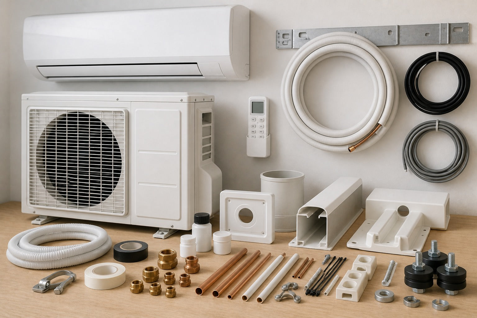 Acessórios de climatização com unidade de ar condicionado, unidade exterior, tubagens, consolas e material de montagem