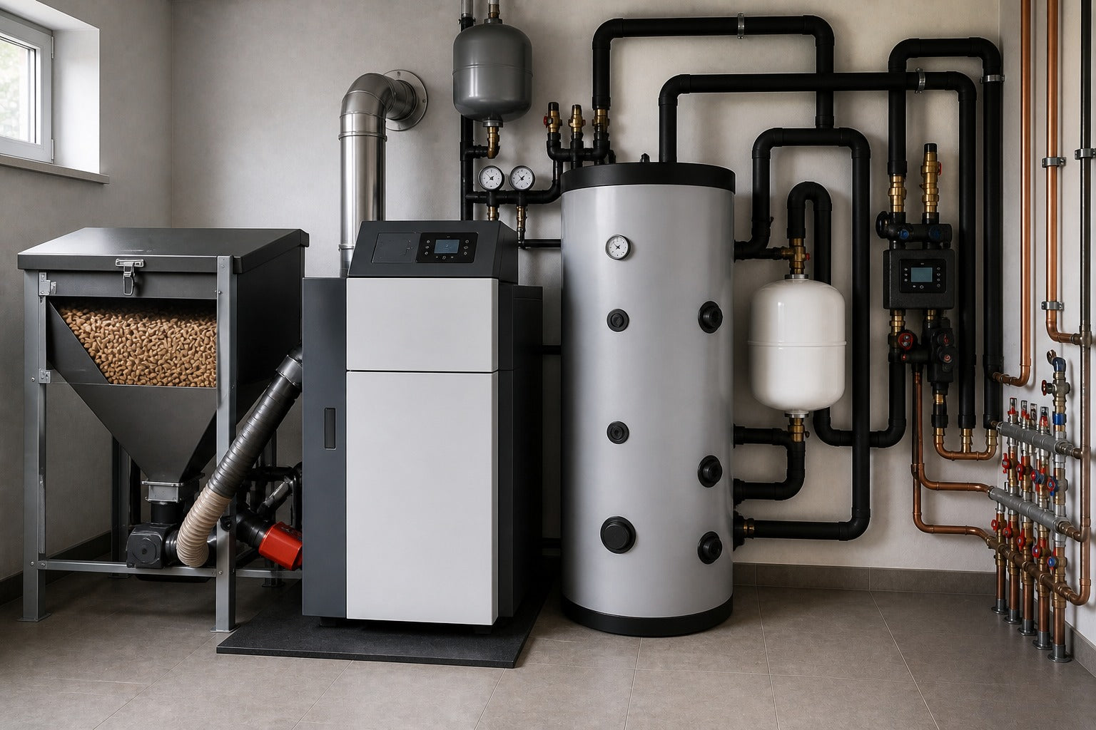 Pacote completo de caldeira a pellets com armazenamento de pellets, acumulador e tecnologia de sistema numa moderna sala de caldeiras