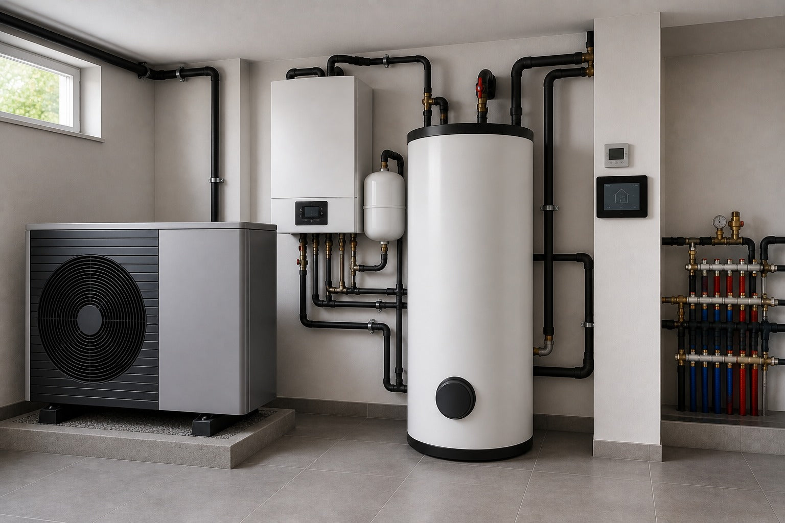 português
Pacote completo de bomba de calor com unidade exterior, depósito e tecnologia de sistema numa moderna sala de caldeiras