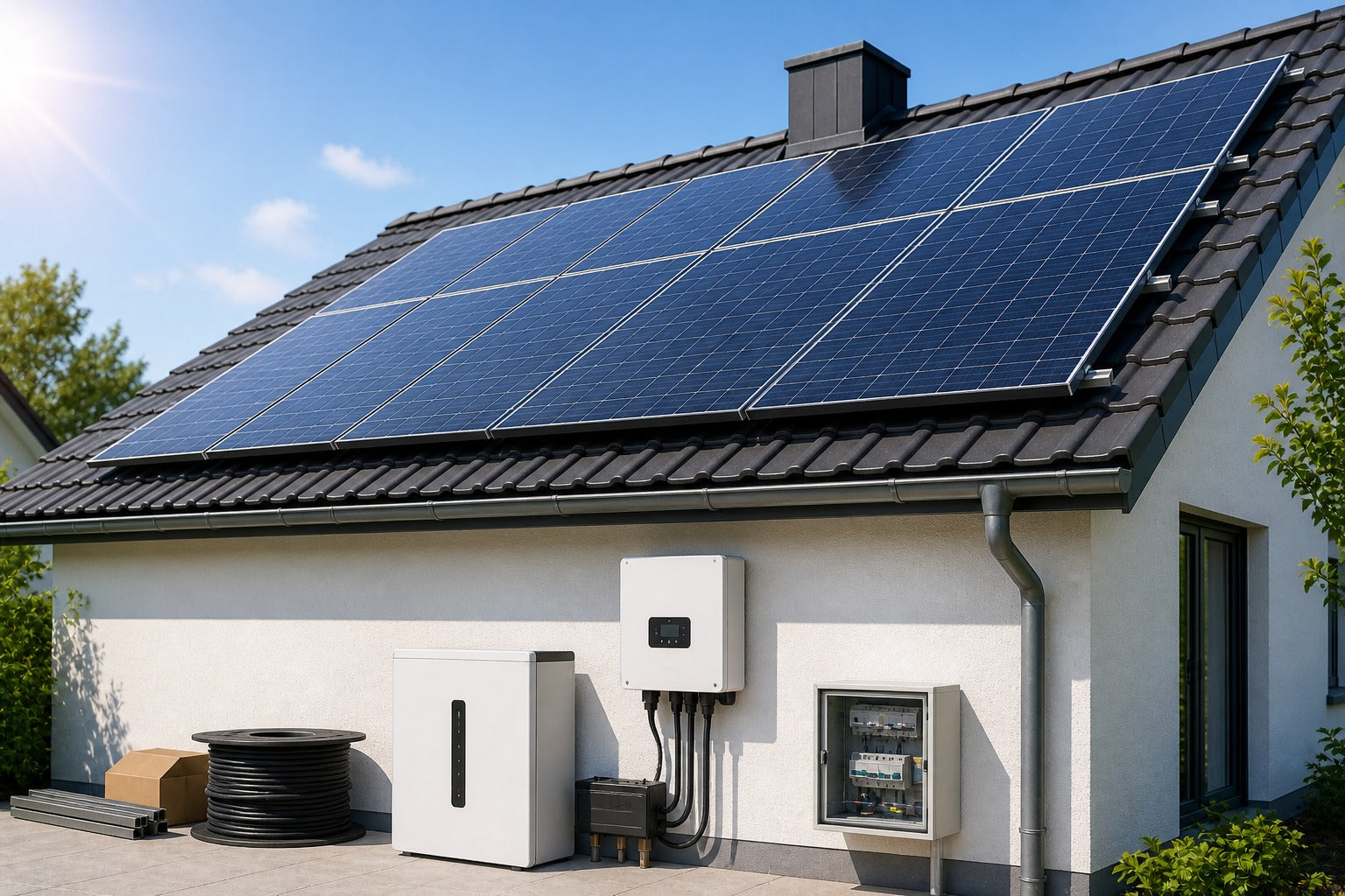 português
Pacote completo de fotovoltaica com painéis solares, inversor e bateria em residência