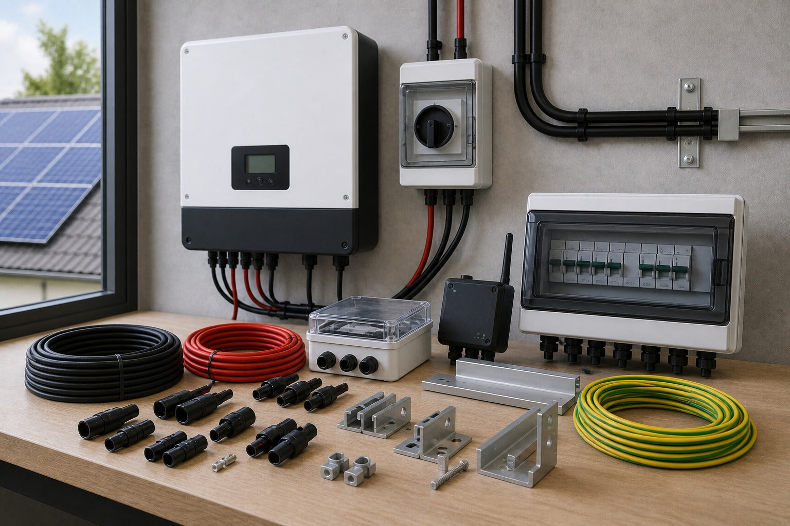 Acessórios PV com inversor, cabos, fichas e material de montagem numa sala técnica moderna