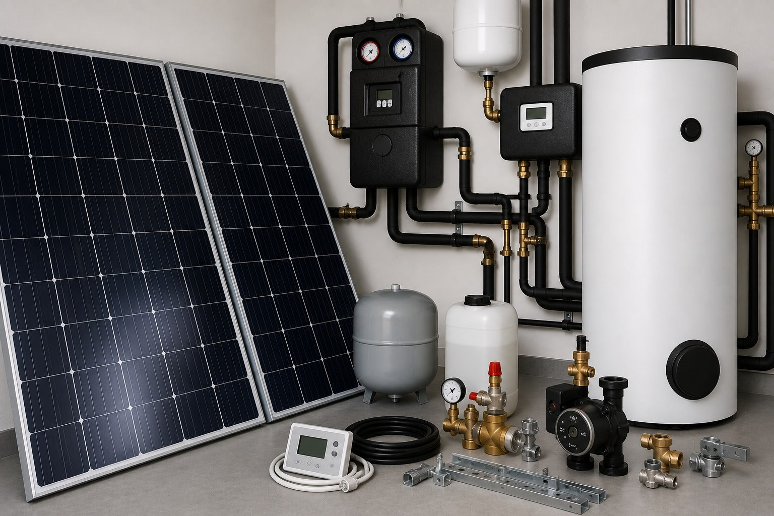 português
Tecnologia solar com painéis solares, armazenamento, estação solar e instalação de tubos numa sala técnica moderna