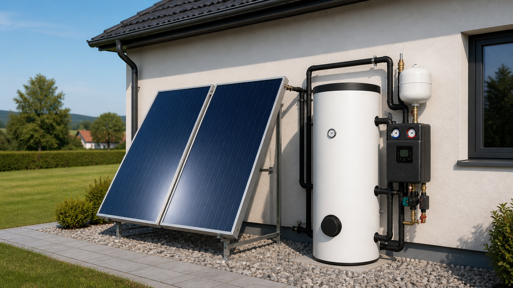 português
Pacote completo de energia solar térmica com coletores, depósito e tecnologia de sistema numa moderna sala de caldeiras