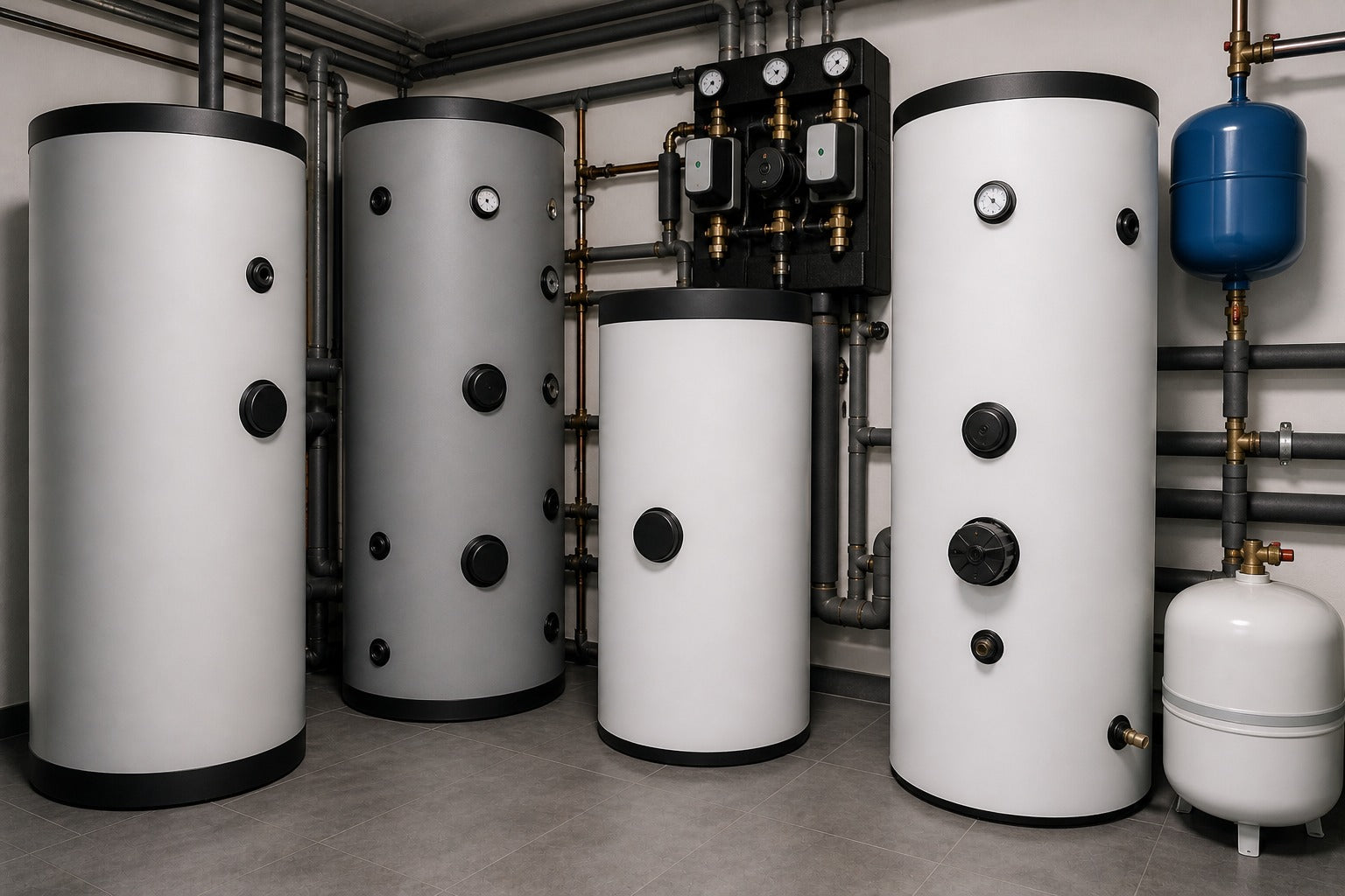 português
Tecnologia de armazenamento com acumuladores, tanques de água quente e instalação de tubagens numa moderna sala de caldeiras