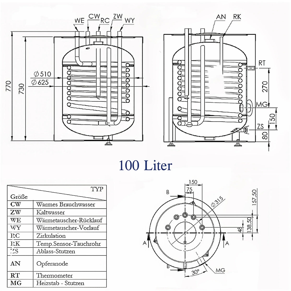 Warmwasserspeicher |Trinkwasserspeicher | Brauchwasserspeicher 100L-180L.